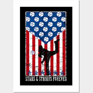 Stars and Strikes Forever Baseball Pitcher American Flag Posters and Art